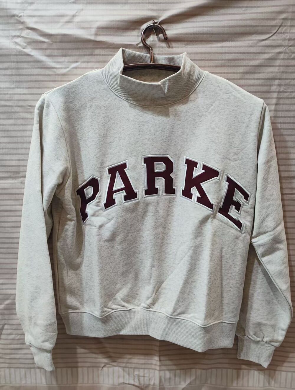 ✨Oatmeal Heather Mock Neck Sweatshirt PARKE Burgundy Varsity Letter Graphic